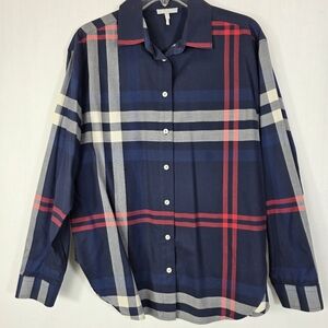 Hinson Wu Halsey Plaid Button Down Shirt Navy Red Gray Cotton Size M